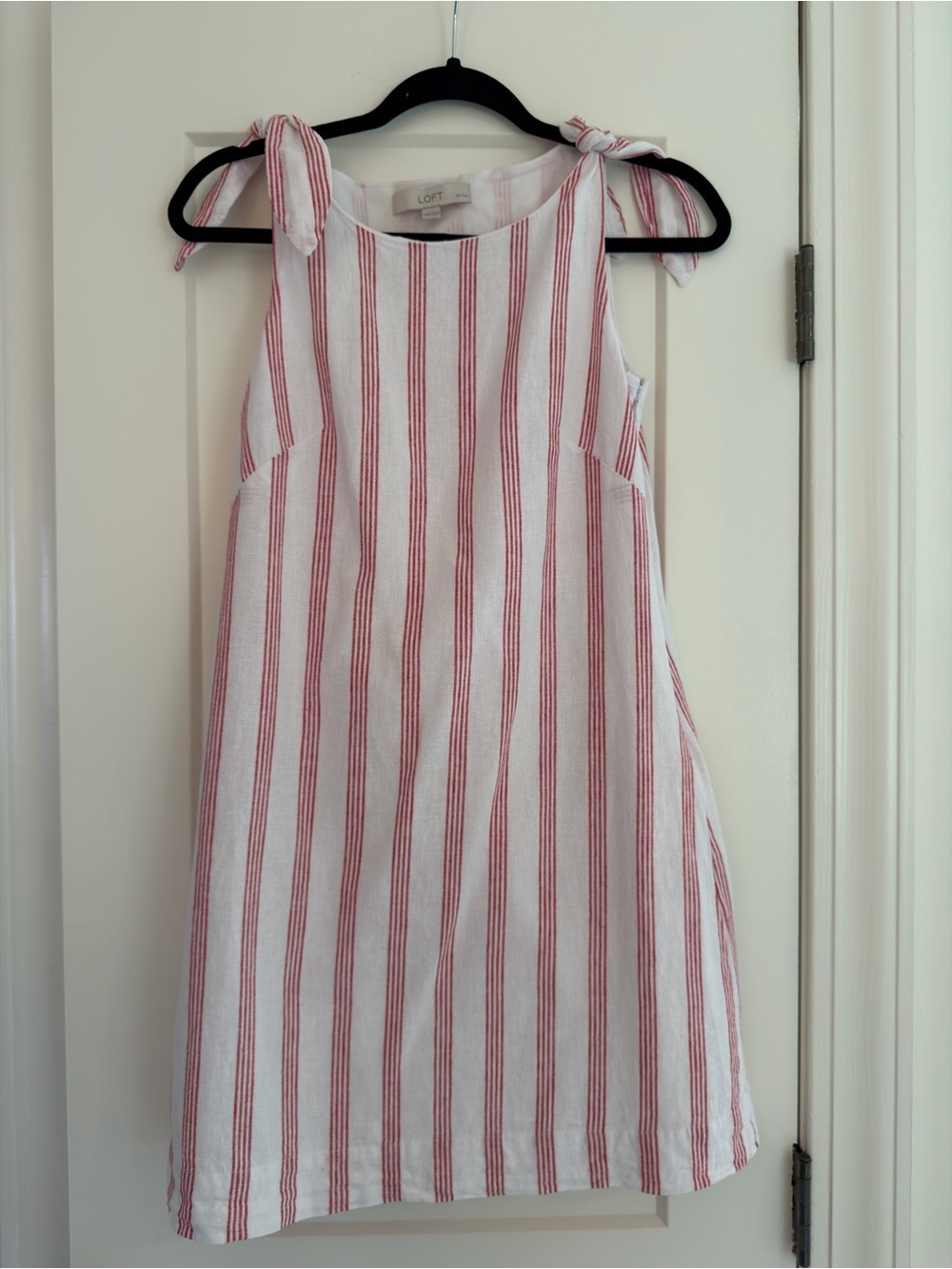 LOFT White Dress with Red Vertical Stripes and Tie-Shoulder Straps